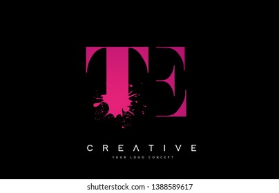 Purple Pink TE T E Letter Logo Design with Ink Watercolor Splash Spill Vector Illustration.