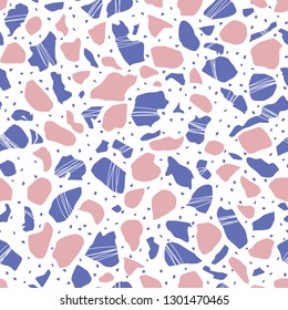 Purple pink terrazzo texture vector seamless pattern in pastel colors on white background. Texture of classic italian type of floor in Venetian style for fabric, wallpaper, scrapbooking or background.