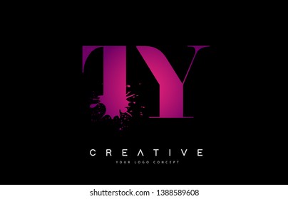 Purple Pink TY T Y Letter Logo Design with Ink Watercolor Splash Spill Vector Illustration.