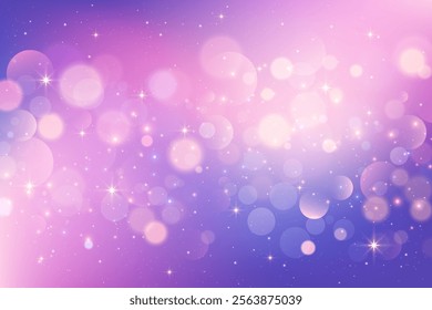 Purple and pink unicorn background with stars and bokeh. Magic cute gradient sky with glitter. Abstract vector space with soft light. Soft ombre gradation wallpaper