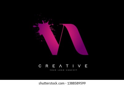 Purple Pink VA V A Letter Logo Design with Ink Watercolor Splash Spill Vector Illustration.