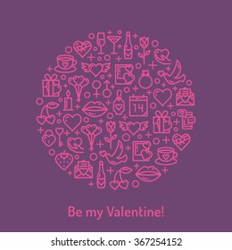 Purple pink Valentines Day and wedding icons. Love concept in monoline style. Vector illustration EPS10.