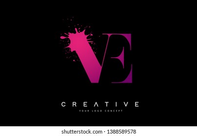 Purple Pink VE V E Letter Logo Design with Ink Watercolor Splash Spill Vector Illustration.