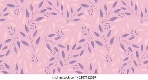 Purple pink vector artistic hand drawn twigs leaves branches on pink background seamless pattern. Great for fabric, textile, packaging and more