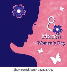 Purple and pink vector greeting postcard for Woman. Female holiday - 8 March. Flat girl`s face and butterflies for holiday. Romantic vector illustration