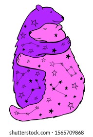 Purple and pink vector illustration with bears and constellations. 
Hand drawn polar bears hugging. Cute animals line art in doodle style.