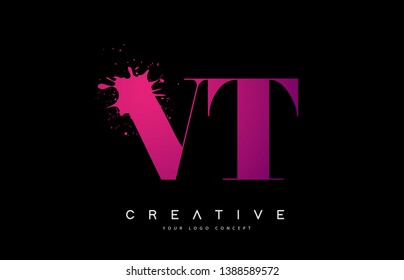 Purple Pink VT V T Letter Logo Design with Ink Watercolor Splash Spill Vector Illustration.