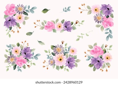 purple pink watercolor floral bouquet collection