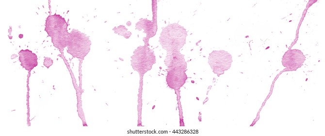 Purple pink watercolor splashes and blots on white background. Ink painting. Hand drawn illustration. Abstract watercolor artwork. 