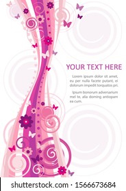 Purple and pink waves decorated with spirals, circles, curls, flowers and butterflies.