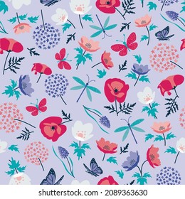 Purple Pink White and Red Wildflowers on lilac Background