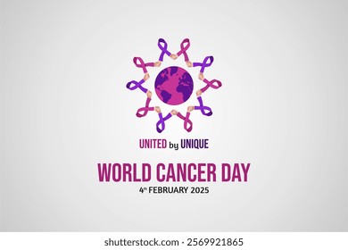 Purple Pink World Cancer Day 4th February 2025 Banner Design with Shaking Hand Ribbon Holding World Illustration. World Cancer Day  2025 Template. Vector Illustration.