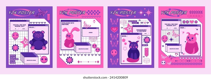 Purple and pink y2k retro style poster design template with old computer dialogue windows and simple animal pictures. Vintage retrofuturistic banner layout with 2000s aesthetic web interface elements.