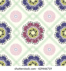 Purple, Pink, and Yellow Floral Seamless Diamond Pattern - Vector Illustration