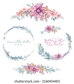 Purple, pink, yellow flowers and green leaves watercolor vector design with round invitation frame for bouquets, wreaths, arrangements, wedding invitations, anniversary, birthday, postcards, greetings