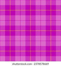 Purple pink and yellow plaid pattern. Vector seamless check pattern for plaid fabric, flannel shirt, blanket, clothes, skirt, tablecloth, textile.