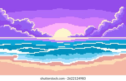 Plano de fundo de paisagem de pixel roxo. Pôr do sol de 8 bits do oceano com nuvens de tempestade e ondas azuis de maré na costa de areia pixelada