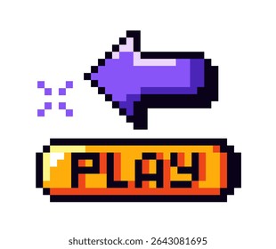 Purple pixelated arrow pointing left with orange play button in retro style on white background. Concept of gaming interface icon. Vector illustration