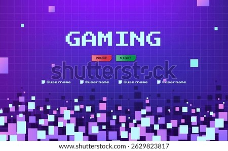 Purple pixelated gaming layout with grid overlay and social tag placeholders, ideal for esports and livestream covers