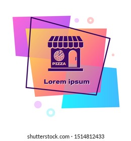 Purple Pizzeria building facade icon isolated on white background. Fast food pizzeria kiosk. Color rectangle button. Vector Illustration