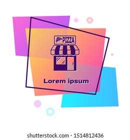 Purple Pizzeria building facade icon isolated on white background. Fast food pizzeria kiosk. Color rectangle button. Vector Illustration