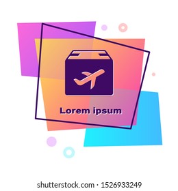 Purple Plane and cardboard box icon isolated on white background. Delivery, transportation. Cargo delivery by air. Airplane with parcels, boxes. Color rectangle button. Vector Illustration