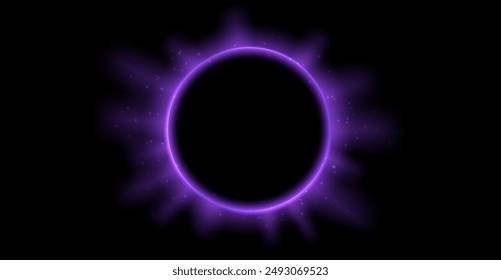 Purple planet eclipse concept. Solar light rays and glare effect. Glowing sun crown in dark space. Earth halo with blazing edge. Vector illustration design for poster, banner, cover, brochure, booklet