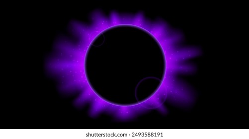 Purple planet eclipse concept. Solar light rays and glare effect. Glowing sun crown in dark space. Earth halo with blazing edge. Vector illustration design for poster, banner, cover, brochure, leaflet