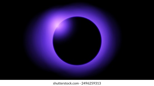 Purple planet eclipse concept. Solar light glare effect. Glowing sun crown in dark space. Earth halo with shining edge. Vector illustration design for poster, banner, cover, brochure, booklet