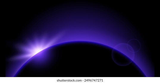 Purple planet eclipse concept. Solar light glare effect. Glowing sunrise horizon in dark space. Earth halo with shining edge. Vector illustration design for poster, banner, cover, brochure, booklet