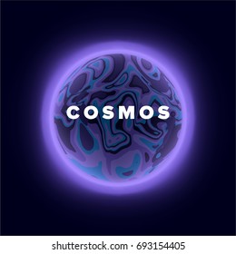 Purple planet with fluid lines and waves. Colorful fantasy cosmic landscape illustration.
