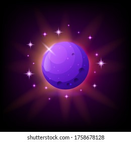 Purple planet icon for game or mobile app against dark background. Alien world vector illustration in cartoon style