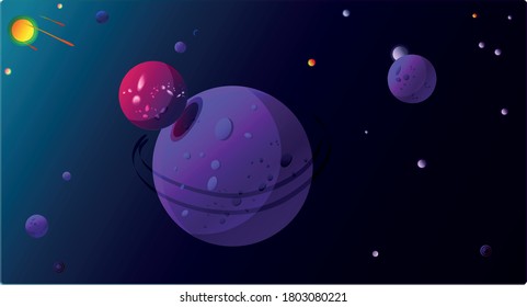 Purple planet with moons on the backround of stars, deep space