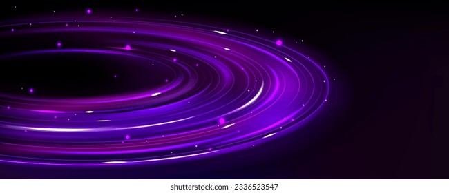 Purple planet ring with neon light digital technology background. Space energy glow abstract vector illustration. Globe power ecosystem fantasy disk. Network path galaxy concept. Speed trail circular