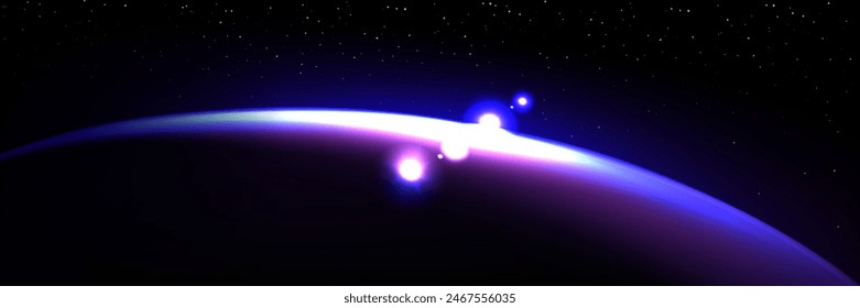 Purple planet and sun eclipse light on space horizon bg. Abstract blue sunrise in starry sky with flare at night. Bright astronomy edge shine view. 3d fantasy solar ray outer realistic effect