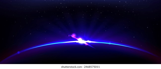 Purpurner Planet und Sonne verdunkeln Licht am Weltraumhorizont. Abstrakter blauer Sonnenaufgang am Sternenhimmel mit Flare in der Nacht. Helle Astronomie-Rand-Glanz-Ansicht. 3D-Fantasy-Sonnenstrahl äußerer realistischer Effekt