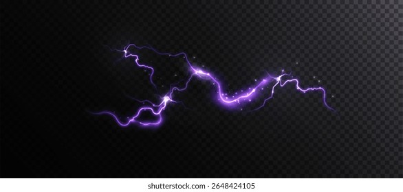 Arco de plasma roxo com flashes brilhantes e faíscas em fundo transparente. Efeito de vetor de descarga elétrica para ficção científica, interfaces HUD e gráficos visuais.