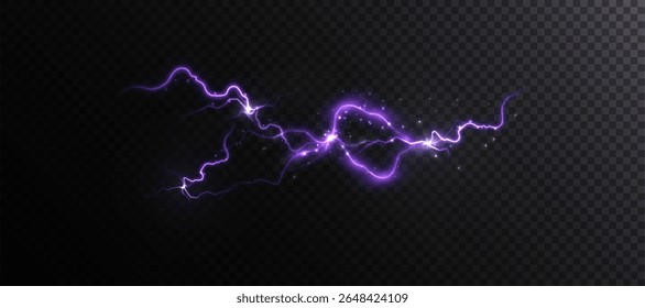 Arco de plasma roxo com flashes brilhantes e faíscas em fundo transparente. Efeito de vetor de descarga elétrica para ficção científica, interfaces HUD e gráficos visuais.