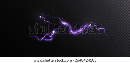 Purple plasma arc with bright flashes and sparks on transparent background. Electric discharge vector effect for sci-fi, HUD interfaces and visual graphics.