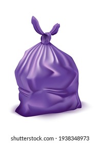 Purple Plastic Bag With Garbage. Package With Trash And Rubbish With Handle Knot Vector Illustration. Full Container With Waste On White Background. Supermarket Disposable Pack.