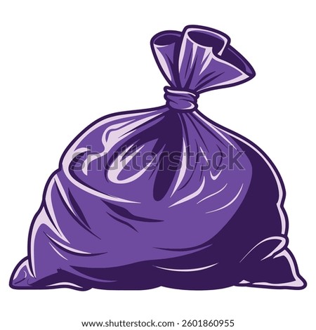 Purple Plastic Bag with Garbage. Vector illustration of a knotted trash bag full of waste, isolated on white. Perfect for waste management, environmental themes, and supermarket packaging designs.