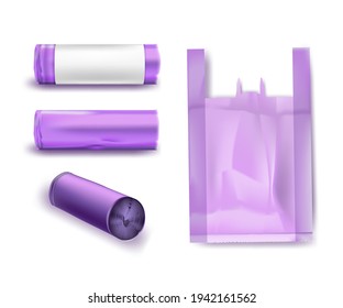 Purple plastic bags for garbage set. Package for trash and rubbish with handle vector illustration. Container and roll on white background. Supermarket disposable pack.