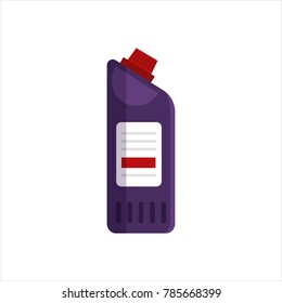 Purple plastic bottle isolated on white background. Cleaning service logo, laundry detergent and disinfectant products, cleaner for toilet, bath - flat vector illustration