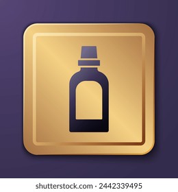 Purple Plastic bottle for laundry detergent, bleach, dishwashing liquid or another cleaning agent icon isolated on purple background. Gold square button. Vector