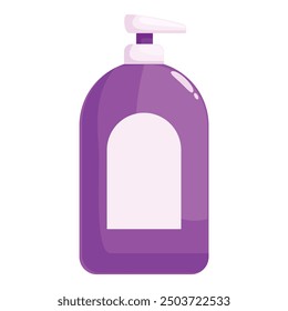 Purple plastic bottle with a white dispenser is full of liquid soap for hand washing and hygiene