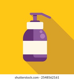 Purple plastic dispenser bottle for cosmetic product with white label for your brand is standing on yellow background, flat design style