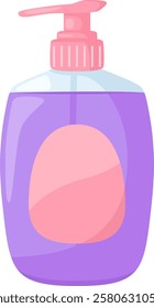 Purple plastic dispenser bottle is depicted, containing liquid soap, featuring a pink dispenser pump and a blank pink label, ideal for showcasing branding or product information