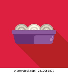 Purple plastic food container storing three peeled onions, kitchenware for preserving food