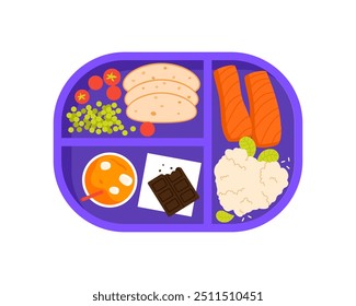 Purple plastic tray with healthy lunch food, top view of plate with salmon and rice vector illustration