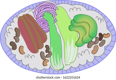 Purple plate with a variety of products.